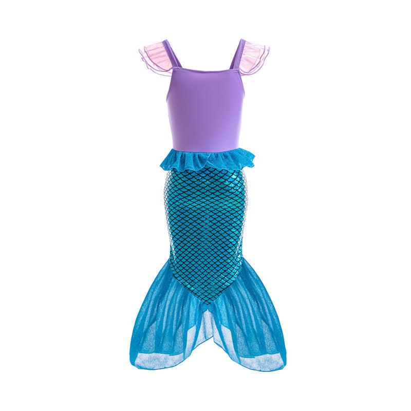 Girls Mermaid Little Flying Sleeves Sequin Dress Children Baby Fashionable Sleeveless Princess Dress Baby Fishtail Long Dress