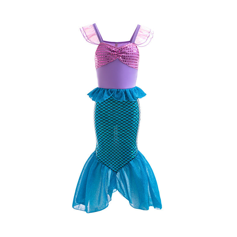 Girls Mermaid Little Flying Sleeves Sequin Dress Children Baby Fashionable Sleeveless Princess Dress Baby Fishtail Long Dress