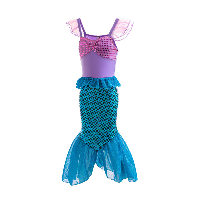 Girls Mermaid Little Flying Sleeves Sequin Dress Children Baby Fashionable Sleeveless Princess Dress Baby Fishtail Long Dress