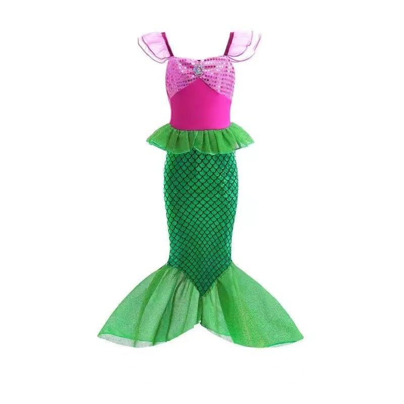 Girls Mermaid Little Flying Sleeves Sequin Dress Children Baby Fashionable Sleeveless Princess Dress Baby Fishtail Long Dress